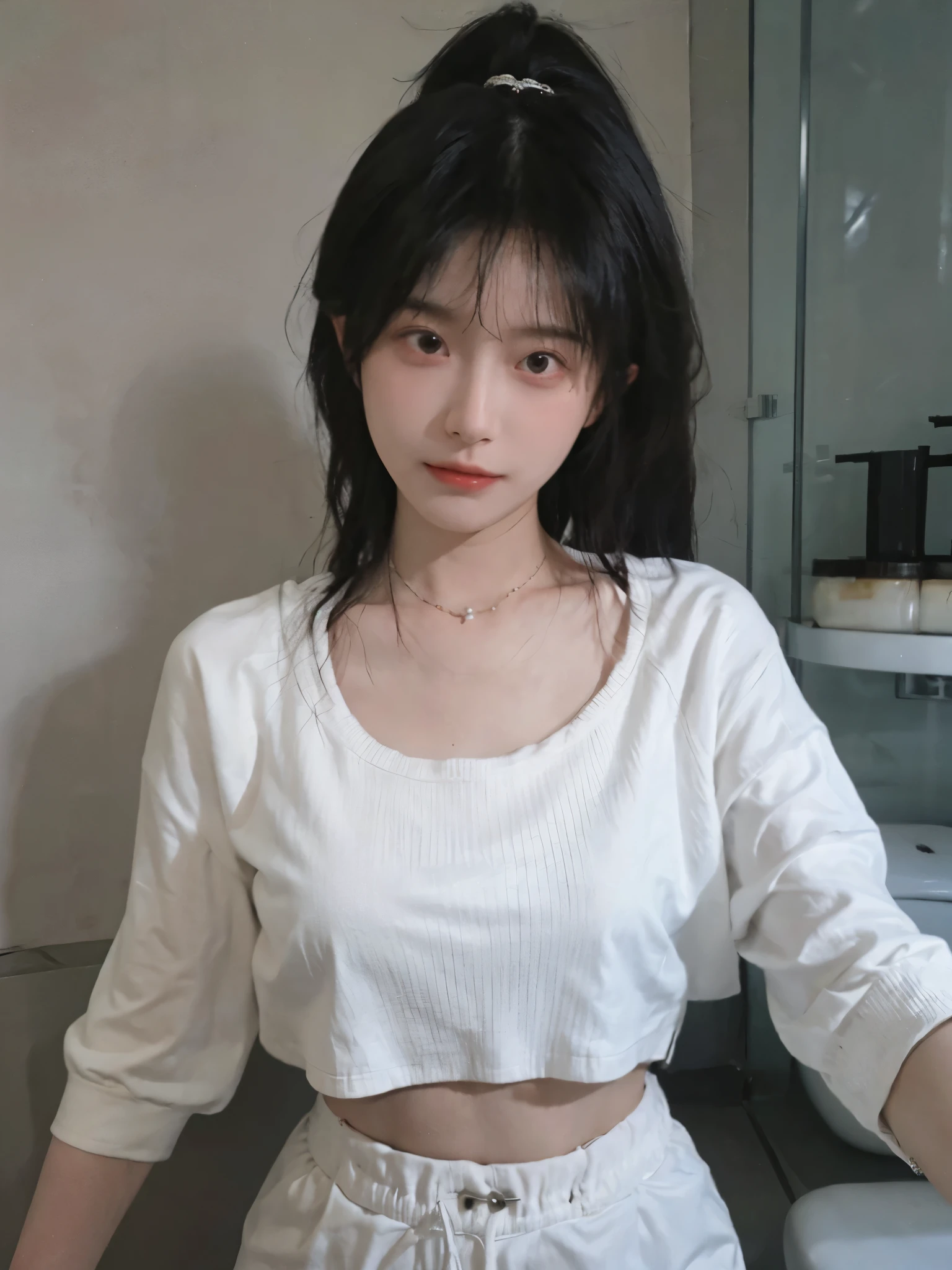 best qualtiy, Ultra-high resolution, (realisticlying:1.4),cute hairpin,1girll,Cropped black sweater ,head straight-looking at viewer,Full of atmosphere,Beautiful woman with a slim figure:1.4, abs:1.1, bathroom,Ultra-fine face,Elaborate Eyes,double eyelid,choker necklace