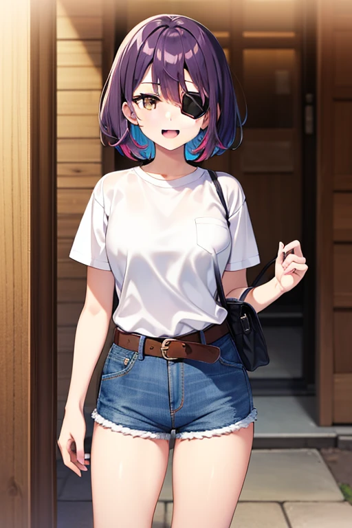 Hayasaka Mirei,purple hair,multicolored hair,fang,brown eyes,short hair,eyepatch,white shirt,Denim shorts,shorts rolled, belt