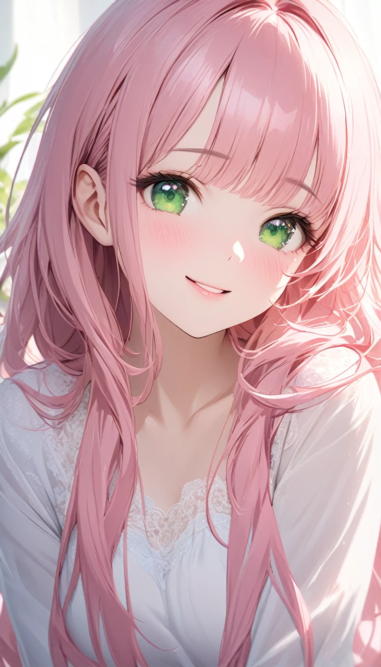 Cute beautiful woman、Pink Hair、Green Eyes、Long Hair、Half Twin Tail、bangs、smile、Shy、Light makeup、Great proportions、Gentle background color scheme、Fluffy calming effect、Shading Effects、Gradient Magic Effect、(Super detailed、Absolute Resolution、Highest quality:1.3)、2.5D、delicate and dynamic、Artistic photography、Hyperrealistic、Graphic CG Digital Art