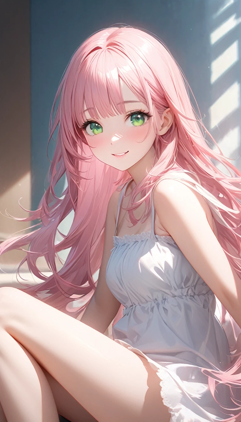 Cute beautiful woman、Pink Hair、Green Eyes、Long Hair、Half Twin Tail、bangs、smile、Shy、Light makeup、Great proportions、Gentle background color scheme、Fluffy calming effect、Shading Effects、Gradient Magic Effect、(Super detailed、Absolute Resolution、Highest quality:1.3)、2.5D、delicate and dynamic、Artistic photography、Hyperrealistic、Graphic CG Digital Art