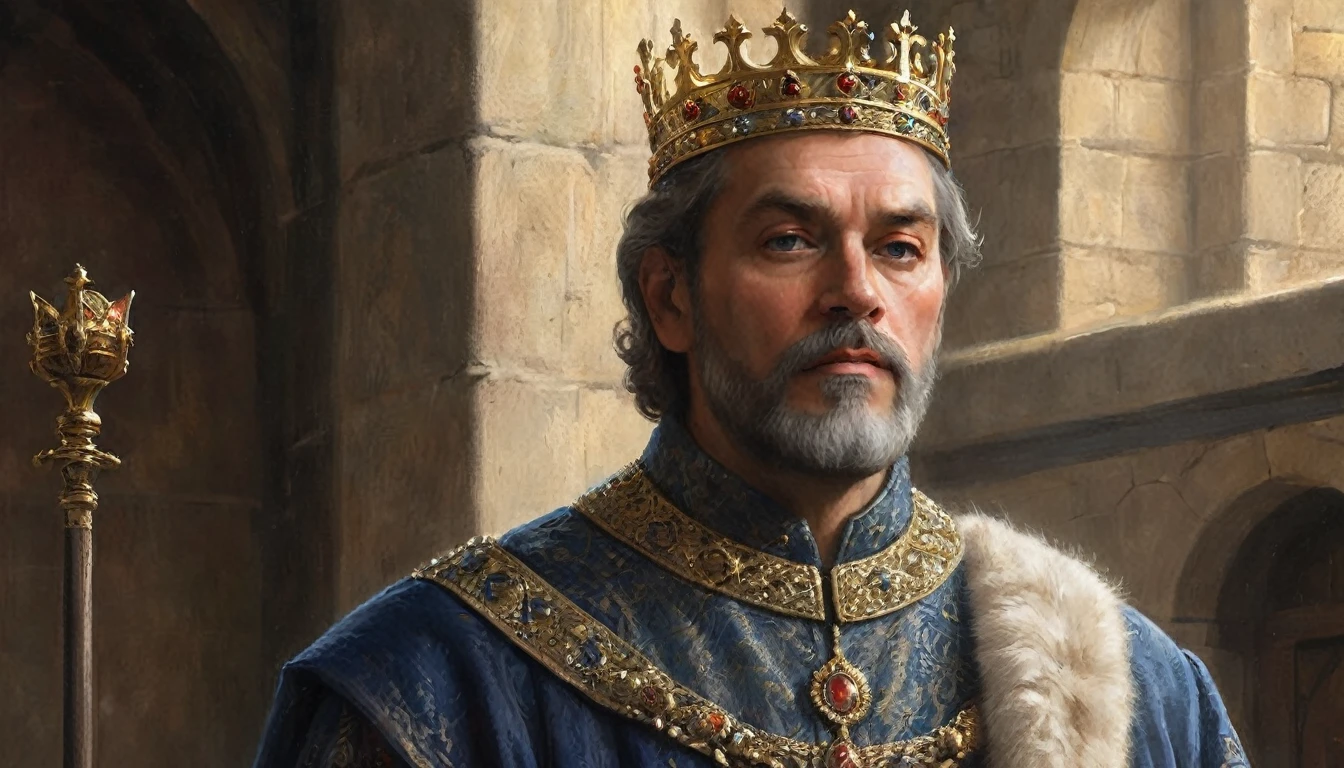 A close-up illustration of a medieval king. The king is depicted with a crown adorned with intricate details, representing his royal status. His facial features are strong and regal, with a well-groomed beard and expressive eyes that reflect wisdom and authority. He wears a richly decorated robe with ornate patterns and a fur-lined collar, adding to his majestic appearance. The background is softly blurred, focusing attention on the king's face, and the lighting highlights the textures of his clothing and the metallic sheen of his crown. The overall style of the illustration combines realism with artistic embellishments, capturing the essence of medieval royalty., Hyperrealism, Surrealism, UHD, retina, masterpiece, anatomically correct, accurate, textured skin, super detail, award winning, 16k