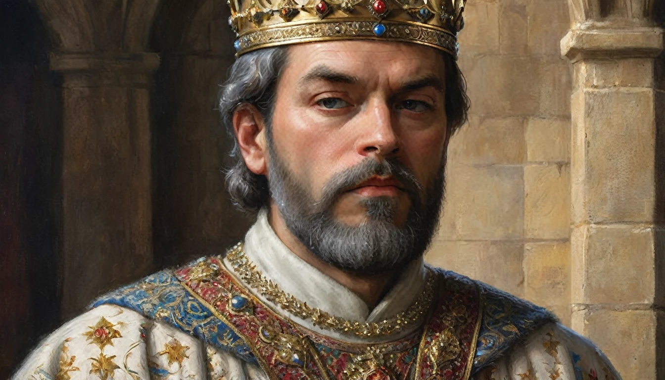 A close-up illustration of a medieval king. The king is depicted with a crown adorned with intricate details, representing his royal status. His facial features are strong and regal, with a well-groomed beard and expressive eyes that reflect wisdom and authority. He wears a richly decorated robe with ornate patterns and a fur-lined collar, adding to his majestic appearance. The background is softly blurred, focusing attention on the king's face, and the lighting highlights the textures of his clothing and the metallic sheen of his crown. The overall style of the illustration combines realism with artistic embellishments, capturing the essence of medieval royalty., Hyperrealism, Surrealism, UHD, retina, masterpiece, anatomically correct, accurate, textured skin, super detail, award winning, 16k