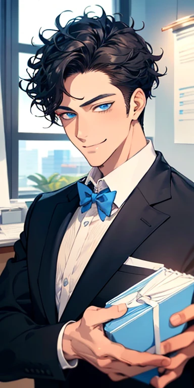 handsome 31 years old boy with black curly hair and small lips long nose. 1 man mature, male mature. Expression smile in love. Blue eyes, CEO, Office home.
