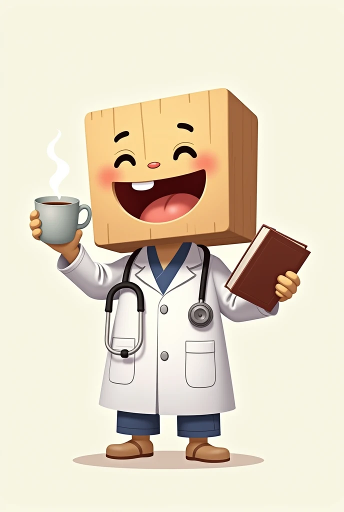 A mascot 2d image with a wooden head, curved, smiling eyes, short hands similar to Doraemon, right hand holding a book, left hand holding coffee, wearing a white medical gown, and hanging a septoscope.