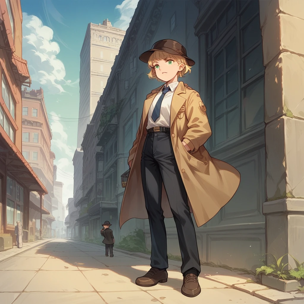 Young female detective, wear black dress pants, a white blouse with a tie, He wears a short hat and wears a trench coat. In the background a city with giant buildings