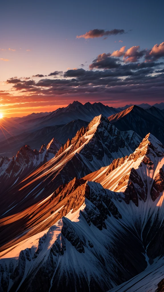 The sunset spreads over the outline of the mountains,The mountains were dyed orange,Contrasts sharply with the deep blue of the sky