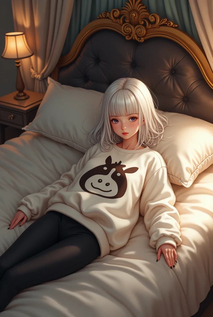 A girl with long white hair lying on the bed wearing a donkey sweatshirt and black pajama pants on a beautiful bed in a luxurious room she is going to sleep 