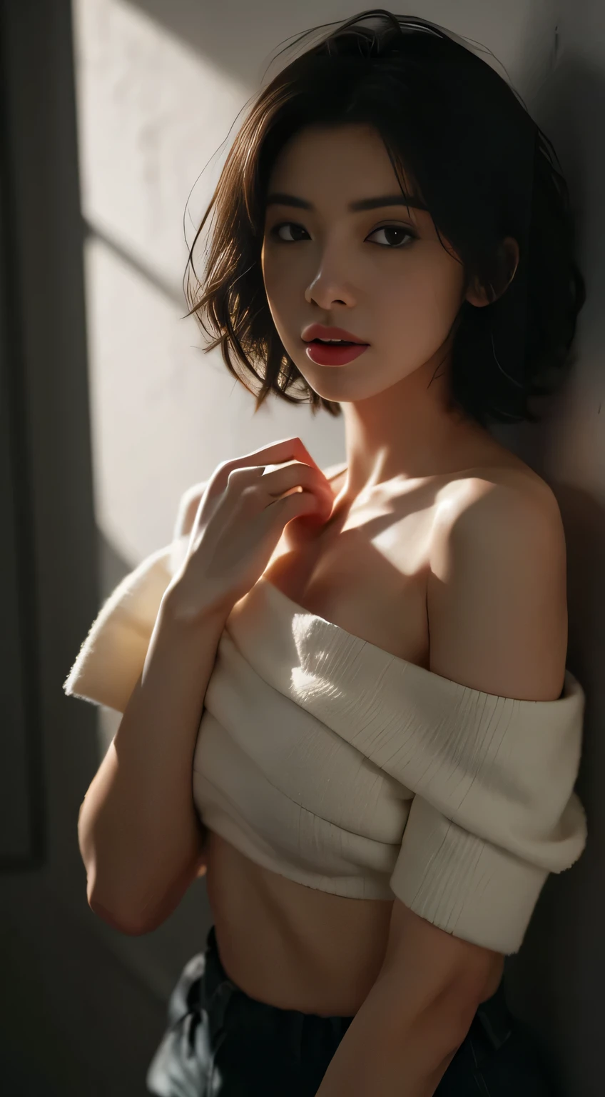 Best quality, masterpiece, ultra high res, (photorealistic:1.5), raw photo, 1girl, offshoulder, in the dark, deep shadow, low key, cold light, sexy look, short hair, underwear