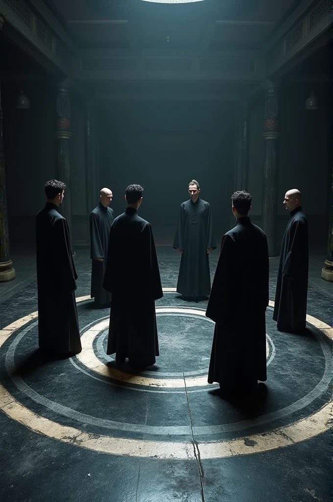 Six men, wearing black robe, standding on a huge black circle magic jin painted on a dark underground floor