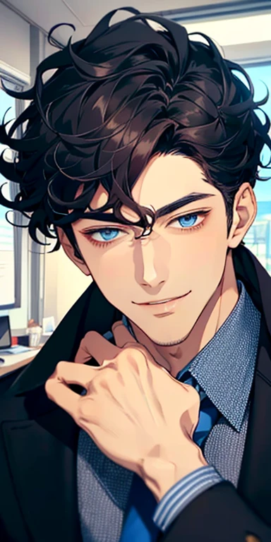 handsome 31 years old boy with black curly hair and small lips long nose. 1 man mature, male mature. Expression smile in love. Blue eyes, CEO, Office home.