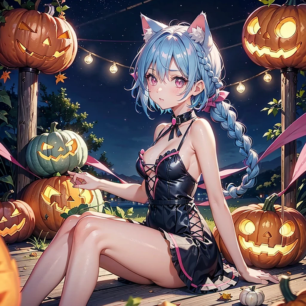 (Sky blue hair),(Braided short hair), (Pink Eyes),Fair skin) ,(whole body),(One Girl),(There are lots of pumpkin ghosts in the background),Cat ear,Cat&#39;s Tail,(Sailor suit),(Bruises and ugly faces),(Fall into Darkness),If you don't give me sweets, I'll play a prank on you.),(Halloween Night Party),(masterpiece, Highest quality, Very detailed, Best Shadow), (Detailed Background), (Beautifully detailed face), High Contrast, (Best lighting, Very delicate and beautiful), ((Cinematic Light)), Hyper Detail,8k, Dramatic Light, Intricate details,night,(Bats flying in the background),High quality