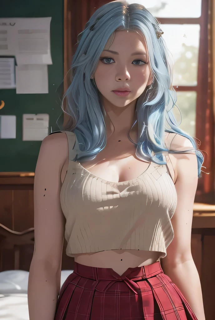 light blue hair, white streaks, colored hair, hairstyles, _hairstyles_,art germ, art germ, illustration, holographic details, iridescent details,((Change)), masterpiece, Best Quality, (realist, fotorrealist: 1.4), (RAW photo: 1.2), laying in bed, in a nice open room, room is half outdoors, iridescent, soft sweater with bows all over out, very Lacey, Extremely detailed CG unity 8k wallpaper, an extremely delicate and beautiful official art, Amazing, with fine details, absurdities, incredibly absurdres, great file , ultra detailed, extremely detailed, ((Katheryn Winnick: 1.3)\(Vikings)\(Lagertha)), extremely detailed eyes and face, beautiful detailed eyes, light on the face, 1 girl in, extra long hair, ((Horse tail)), alone, linda, looking at the viewer, (Perfect female figure) , Thin waist, Whole body, thin , ((thinl breasts)), standing, ((She wears a magnificent school uniform)), ((microfalda)), mini skirt, plaid skirt, belly button, diaphragm, sleeveless shirt, bare arms, fringe, school, Classroom, ulzzang-6500-v1.1, ((very wide hips)), ((very thick thighs)) soft skin, perfect body