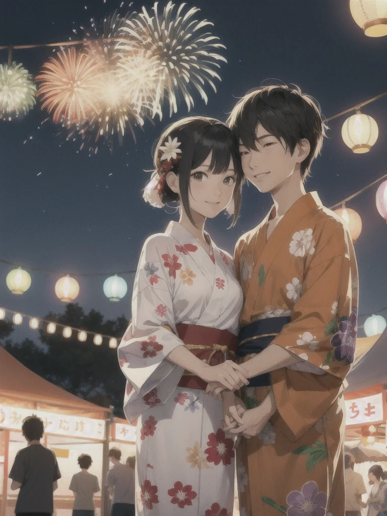 Summer festival、firework、yukata、Couple Illustration, anime,