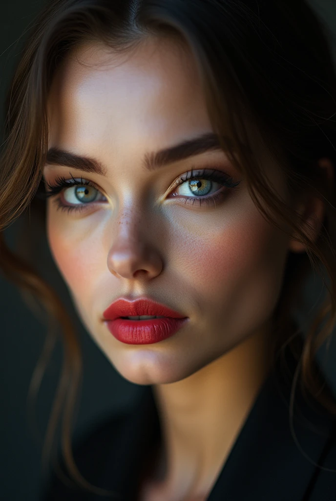 Ultra-realistic、 ultra-detailed primetime portraits、 最high quality、 8K、highest level、 The ultra -The high-definition)、(Super beautiful)、(beautiful face:1.5)、(detailed face:1.5)、(detailed eyes:1.2)、(detailed lip:1.2)、(Detailed nose:1.2)、(cleavage:1.23)、1girl:1.3 22years old、fashion supermodel、real:1.75、photorealistic:1.75、very delicate and beautiful、fine details、masterpiece、 最high quality、 high quality、 absurdres、 (sharp fous)、(Glamour, paparazzi taking pictures of her)、 (light dark short hair、extremely detailed)、 contrast、 (dark shot:1.2)、 Long blue_eyelashes:1.27、 (dark_eyeshadows:1.35)、 red_lipstick:1.45、((perfect round eyes))、 ((brown_eyes:1.4))、 (dark_makeup:1.35)、(matte skin:1.3)、 ((upper body shot))