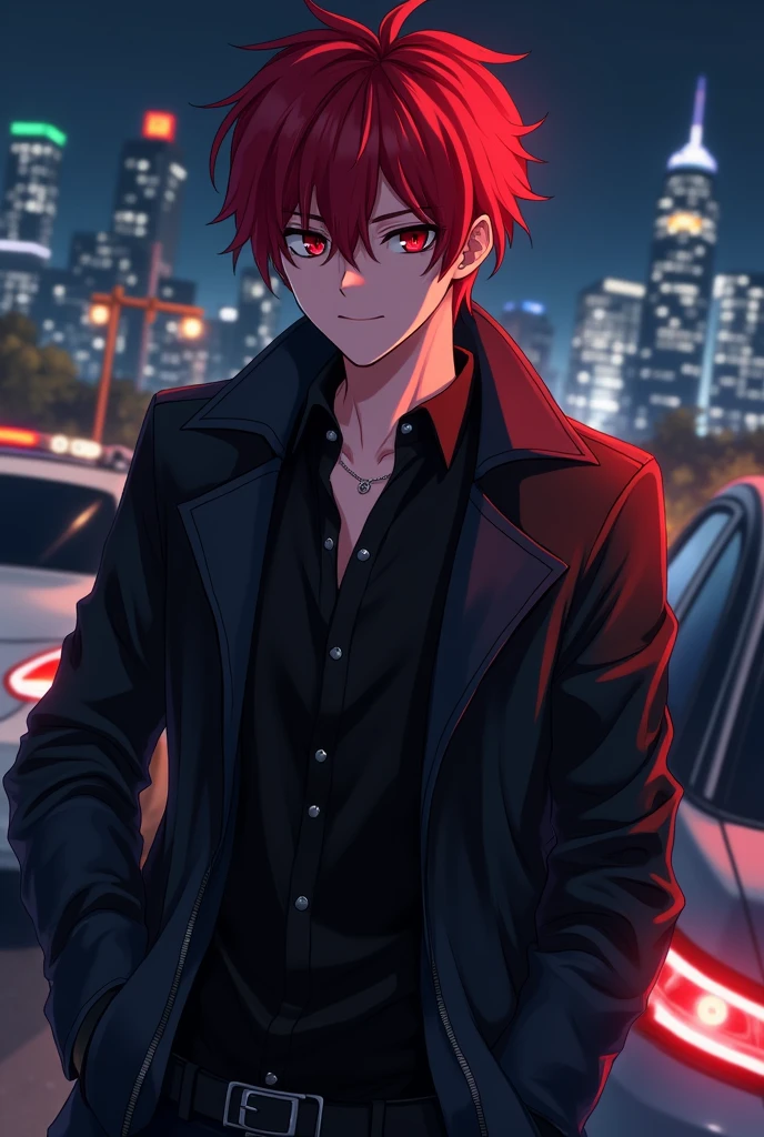 anime character with red hair and a black jacket, with red hair, anime handsome man, male anime character, 1boy, solo, suoh mikoto, k project, (((vampire))), insanity, malkavian, city in background, (night), smirk, cowboy shot, dynamic lighting