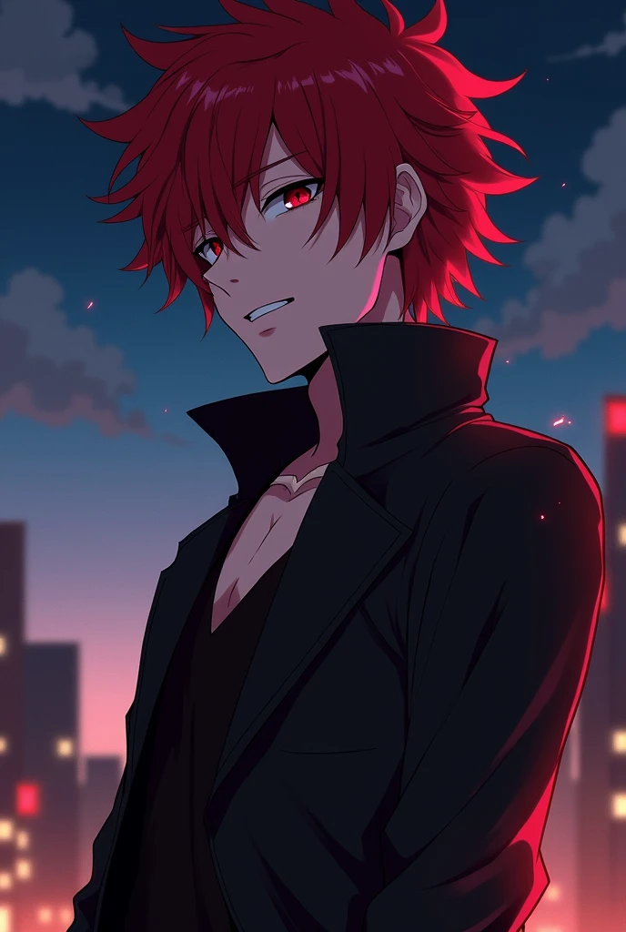 anime character with red hair and a black jacket, with red hair, anime handsome man, male anime character, 1boy, solo, suoh mikoto, k project, (((vampire))), insanity, malkavian, city in background, (night), smirk, cowboy shot, dynamic lighting