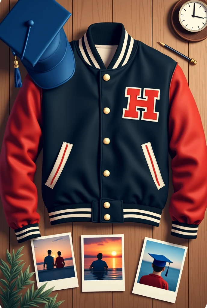 The cover of a book.
A table with a black varsity jacket with red sleeves and white lines on it.
The table will also have a royal blue graduation cap..
Next to the jacket 3 Polaroid type photos.
In one of the photos you will see the silhouette of two teenage boys sitting together watching a sunset..
In another you will see the same two boys in a pool sitting on the edge..
And in the other photo a boy with a graduation cap whose face will not be seen.
nostalgic atmosphere