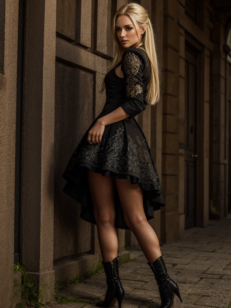 Masterpiece Best Quality, ultra high resolution, 4K detaillierte CG (Adriana Malkova 1.0) strahlende Augen, blondes Haar, high detailed Steampunk dress, with black splitoff Meshdress wearing Boots, 