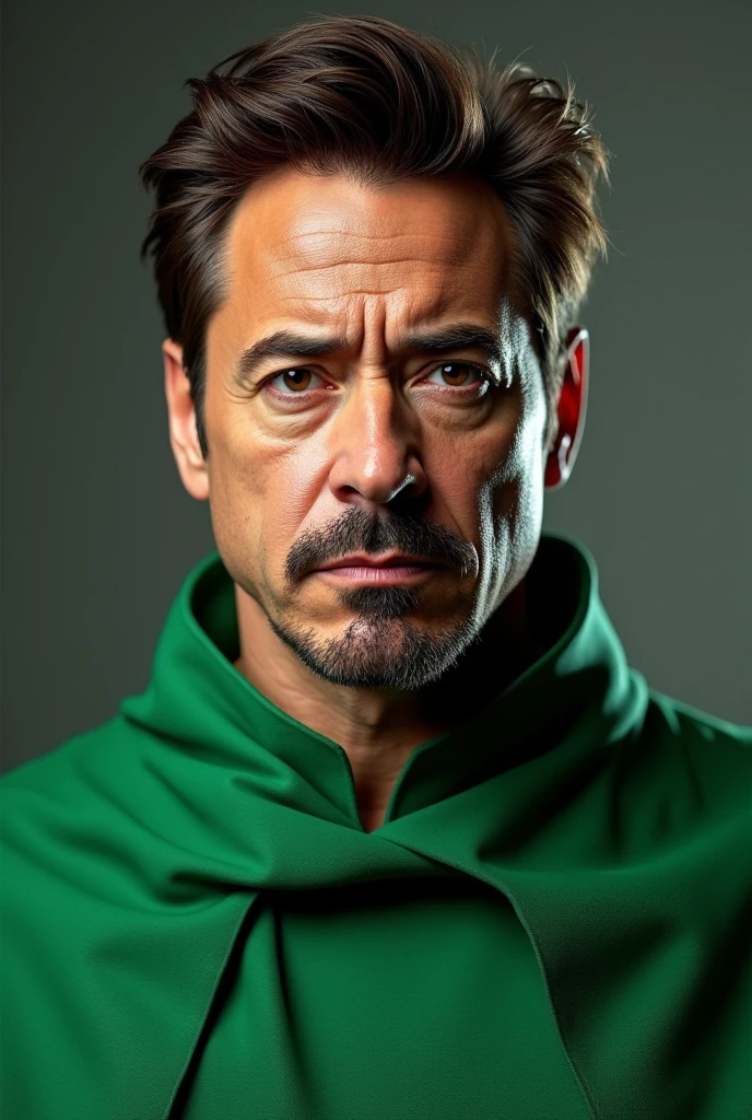 Create a hyper realistic image of Robert downey junior in a green cape with a very serious face and without mask