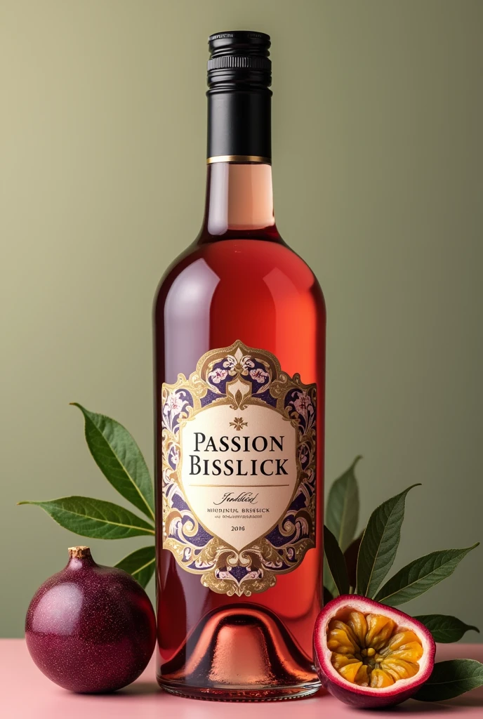 Design a label for a passion fruit wine that has as its title: Passion Bisslick by Miranda Bisslick. It must be delicate, with a luxurious and exclusive touch, with passion fruit in the rainforest. Only shows the label design, not a photo of the wine.