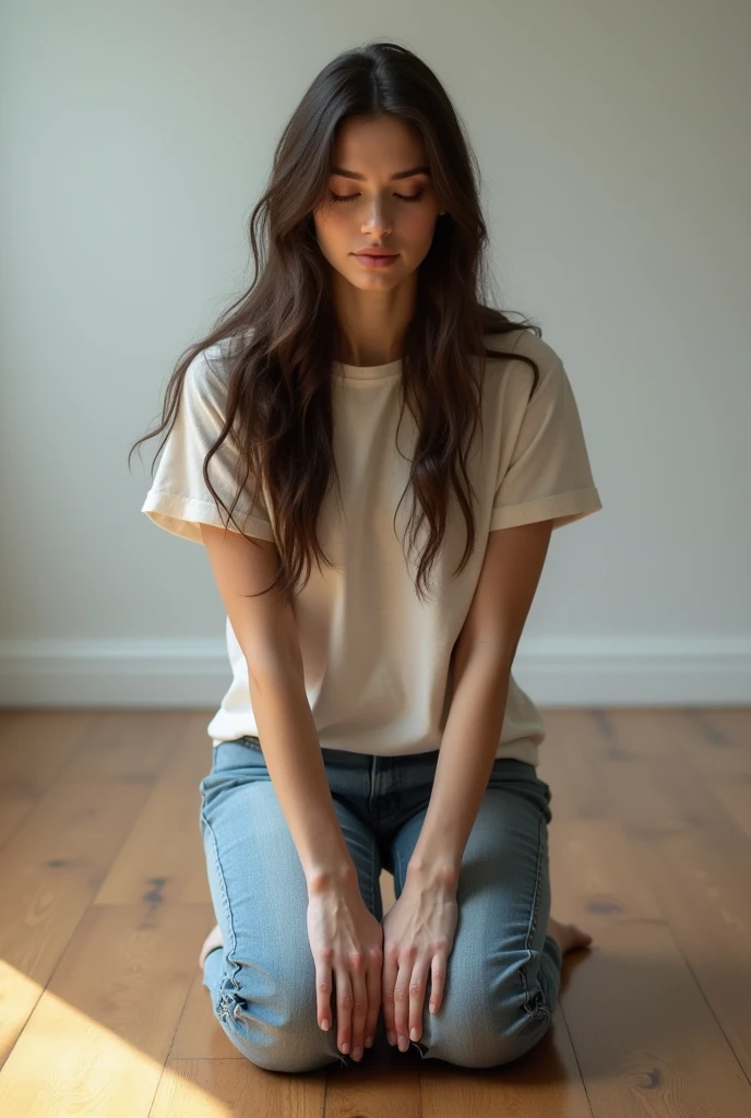Woman in jeans and long r-shirt kneeling on the floor touching the floor front view
