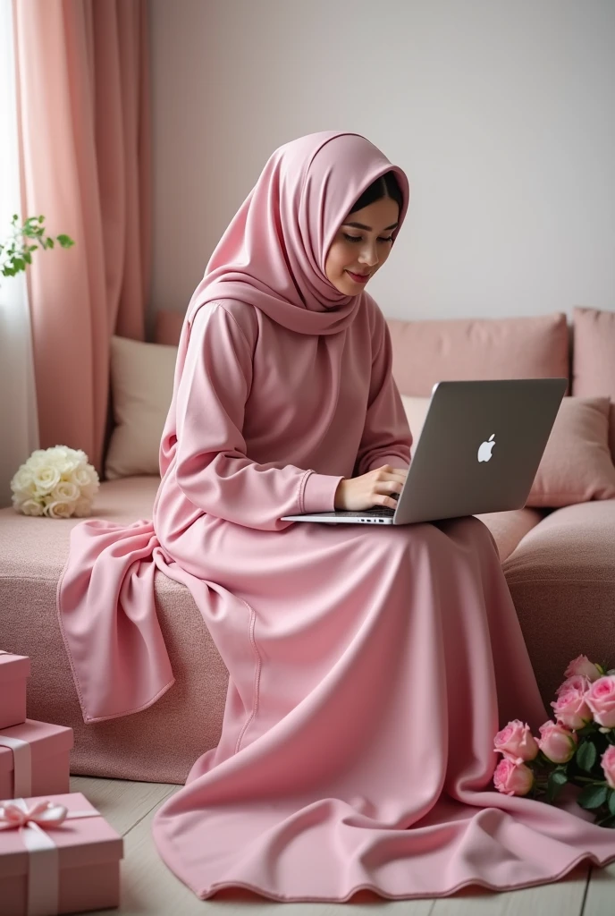 A hijabi girl in pink gown , sitting in her room Editing in laptop and gift boxes and roses around her 