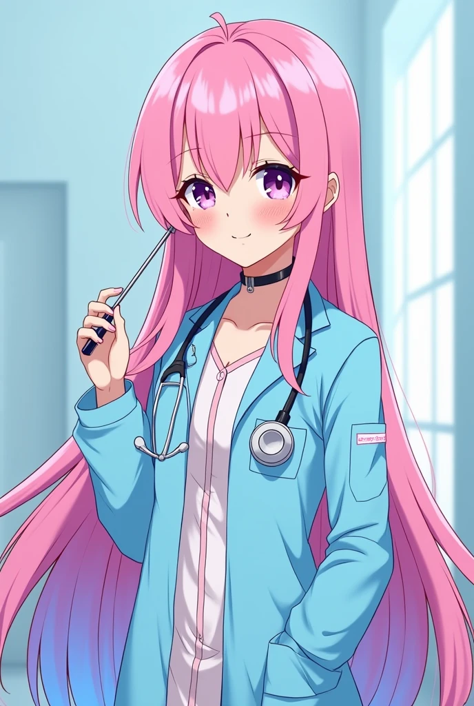 STYLISH LIGHT BLUE AND PINK VETERINARY MEDICINE COAT, HIGHLY FASHIONISTA MAGIC GIRLS INSPIRED LOL, LONG PINK HAIR WITH BLUE GRADIENT STICK, STETHOSCOPE ON NECK anime girl long pink hair with blue highlights model