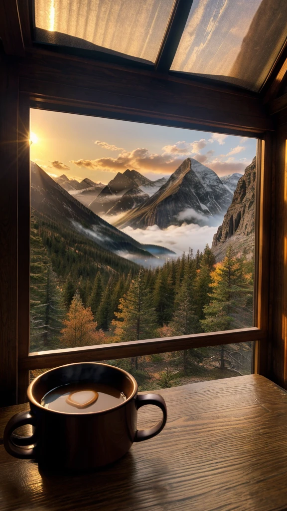 beautiful hiking hut,majestic sunrise,beautiful mountain landscape,cozy cabin,steaming hot coffee,serene atmosphere,peaceful tranquil scene,warm sunlight,dramatic lighting,vibrant colors,detailed textures,photorealistic,studio lighting,high resolution,8k,masterpiece,highly detailed,realistic,cinematic,intricate details