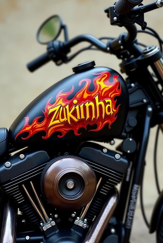 Customize just the black tank of an old motorcycle (that only the image of the tank appears ,on the full motorcycle!!) ,with the name zukinha ,and that this tank has some flames of fire in its paintwork like the ghost rider's motorcycle , and that the style used is in the idea of hand painted ! important