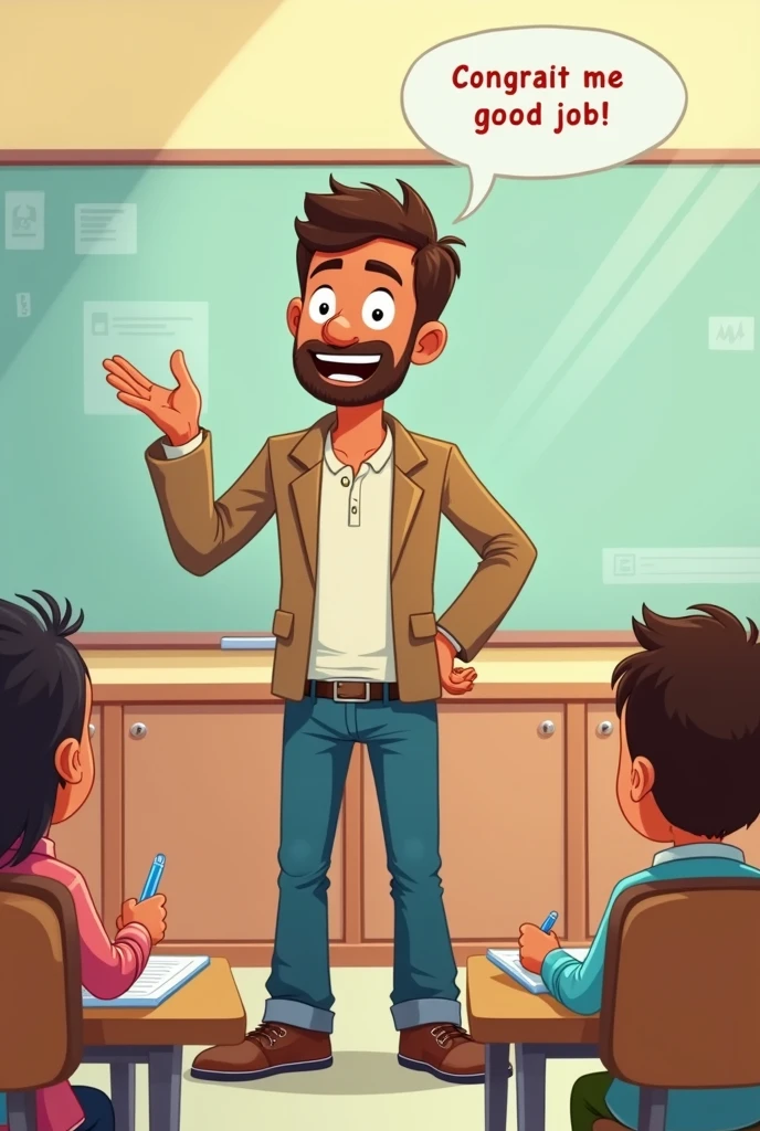 Create a cartoon of a teacher congratulating his students for a good job. You can make him say Good job! but in English.
