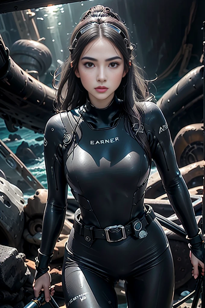(Photorealsitic, hight resolution, Live-action images、natural soft light:)、One lady、(Best Beautiful Girl、Neat face、Big eyes and high nose、thin chin、Impersonation face), (Outstanding style、round breast、long legged)、((rescue team uniform、Uniform made of wetsuit material based on black and gray、A wide variety of equipment, Equipped with diving goggles on head、snorkel、Harnes、a belt、Oxygen cylinder、Draw accurately with detailed details))、Bold actions、Cool pose, vast ocean background