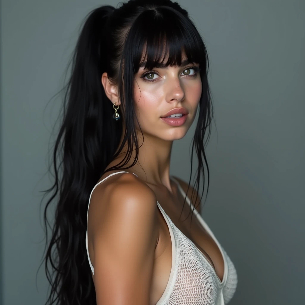 Beautiful European woman with very long black hair, ponytail with fringe, wet hair, straight hair, combed back, straight hair, streaked black hair, Idra Fox in wet white sheer mesh dress, cleavage, sea piercing, freckles, gray backgroundدریا آبی بی کران sea
