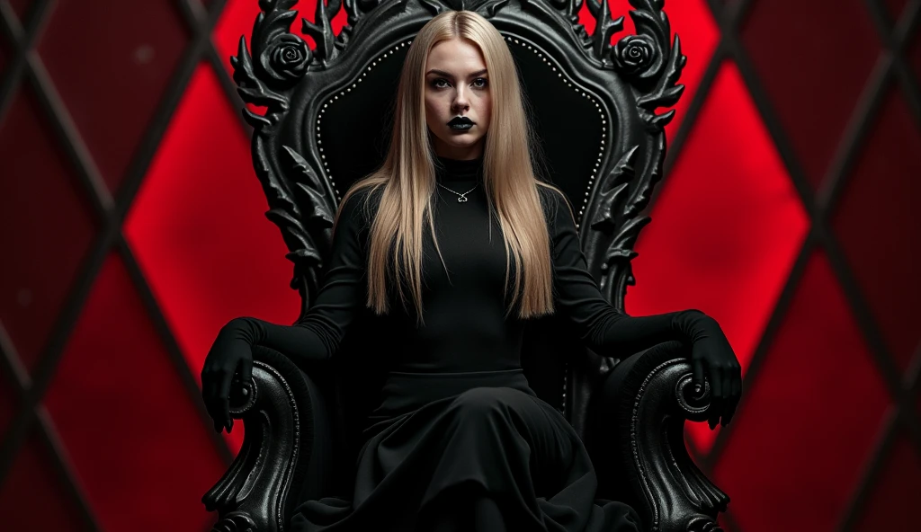 RAW Photos,black light, hair blonde, blonder woman, dark surroundings, Dark masterpiece, mulher fair brown-skinned, SITTING ON A THRONE, throne with thorns, black roses, woman in black dress, posing photo, long hair, hair blonde, black witchcraft, red geometric shiny background, full body size, Eastern fantasy theme, Eyes red, underworld, cold stare, Dark clothes, long and tight, fair brown-skinned, color classification, dark illustration, extreme quality, Radiant, extremely detaild, Face ultra detailed, ultra hd 8k, ultradigitality, mythical, black lightning, Conceital Art Portrait of Greg Rutkowski, artgerm, hyperdetailed, intricately detailed Gothic art, dark gothic fantasy style, triadic colors, Fantastic, intricate-detail, opening screen, colors complementary, fantasy concept art, 8K resolution, masterpiece of gothic deviantart, Heavy strokes, soft lighting, Surrealism
