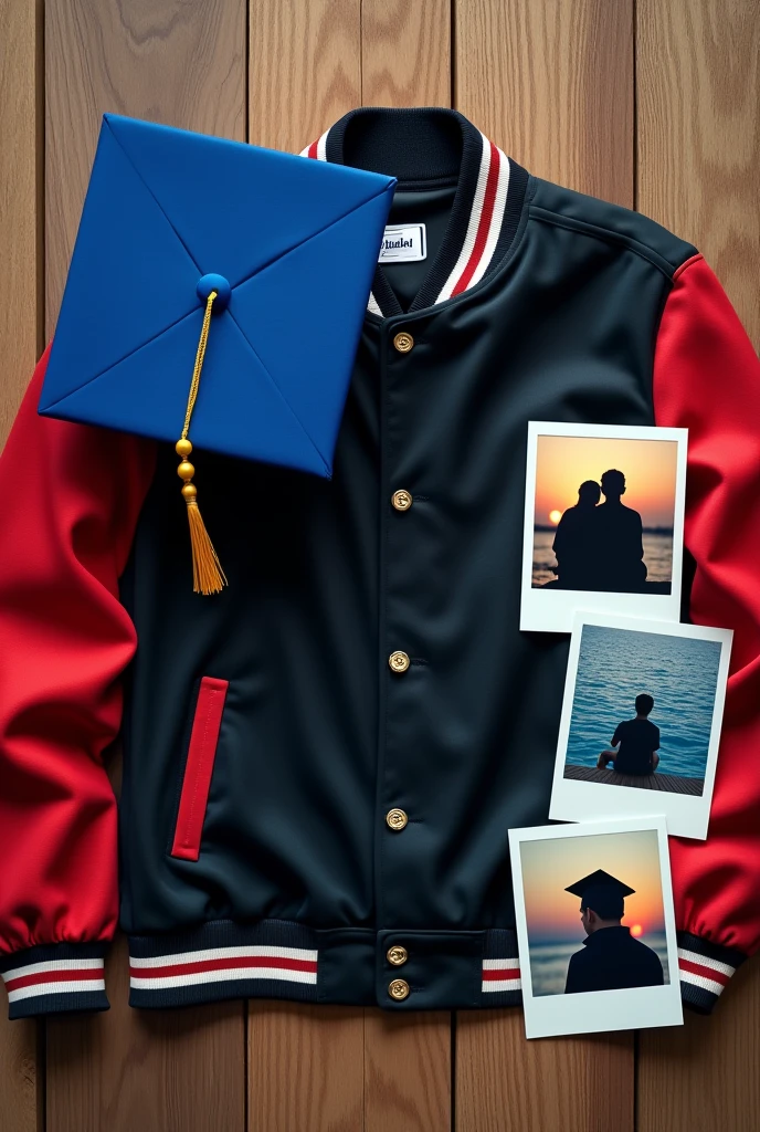 The cover of a book.
A table with a black varsity jacket with red sleeves and white lines on it.
The table will also have a royal blue graduation cap..
Next to the jacket 3 Polaroid type photos.
In one of the photos you will see the silhouette of two teenage boys sitting together watching a sunset..
In another you will see the same two boys in a pool sitting on the edge..
And in the other photo a boy with a graduation cap whose face cannot be seen.
nostalgic atmosphere