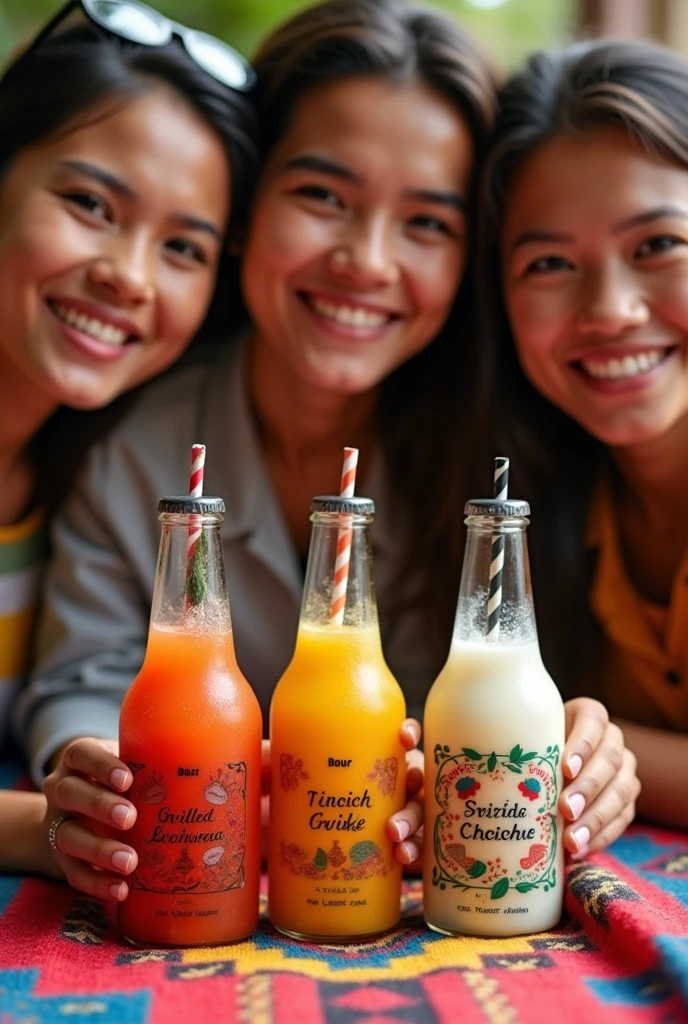 Create three people drinking drinks in bottles named after grilled chicken, ceviche and rice pudding on an Andean blanket