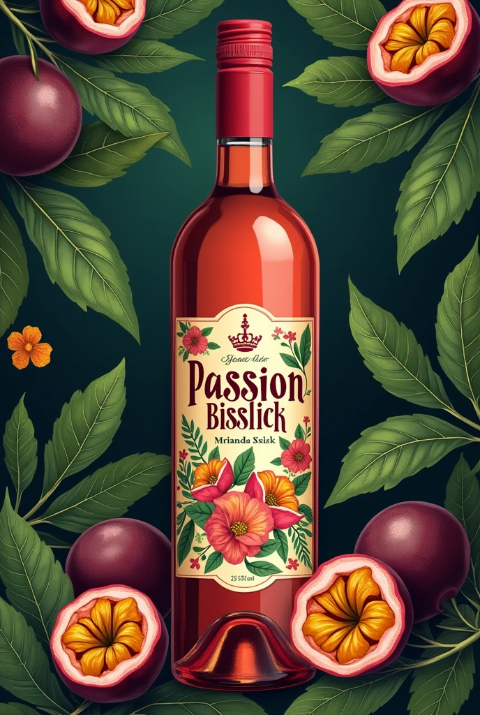 Create a label for a passion fruit wine that says Passion Bisslick by Miranda Bisslick as the title, that looks delicate, sexy and fine and with passion fruit in the rainforest
