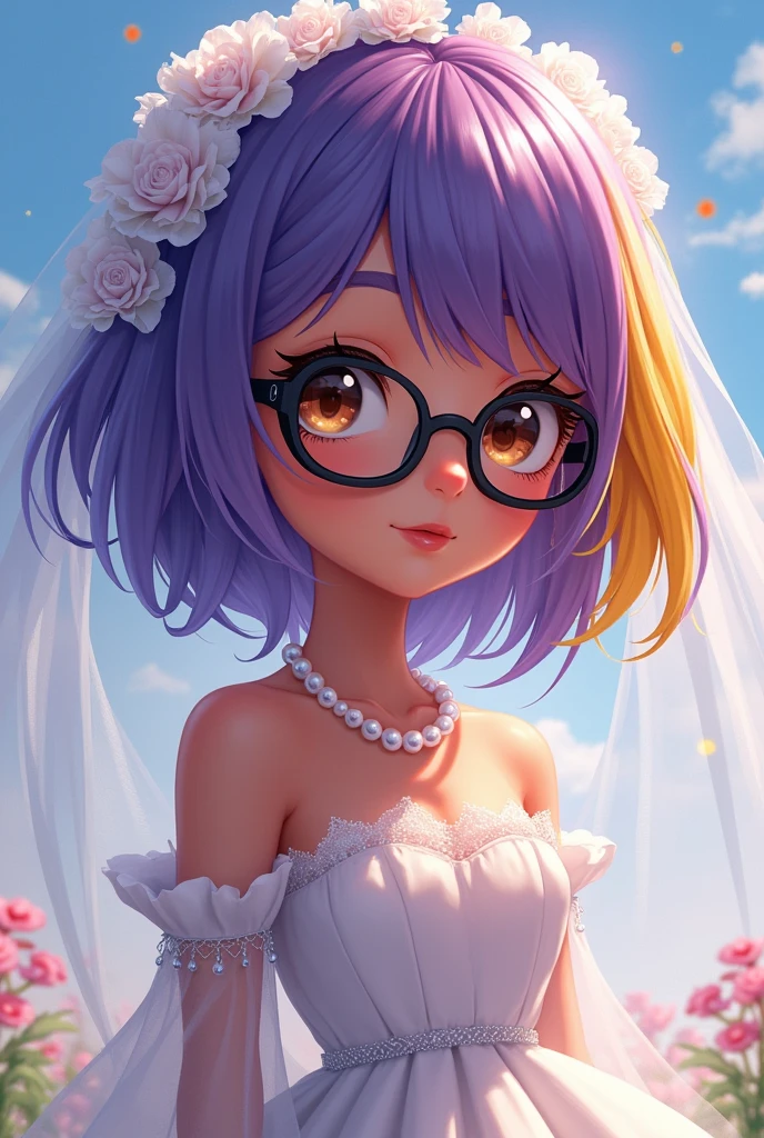 Dark-skinned girl, Short shoulder length purple hair to one side with a yellow lock in the hair that is worn on the right side, Short neck, Pearl Necklace, Brown eyes, little chest, Wedding dress, black frame glasses, anime.