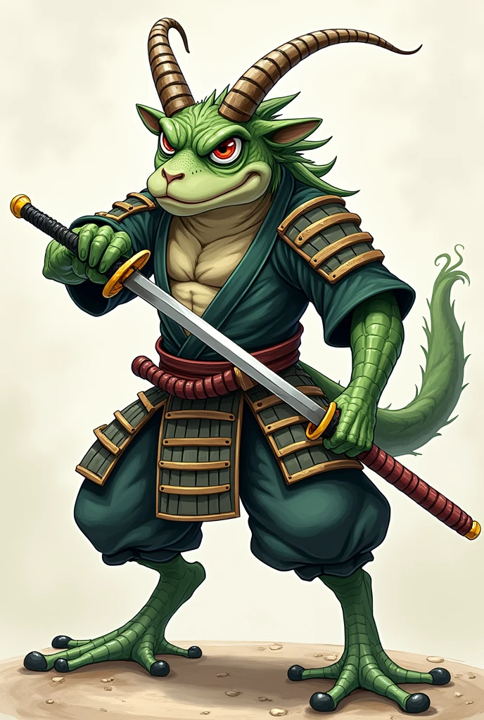 (Anime realism: 1.2), Hybrid of a goat and a frog with style samurai in pose of fight
