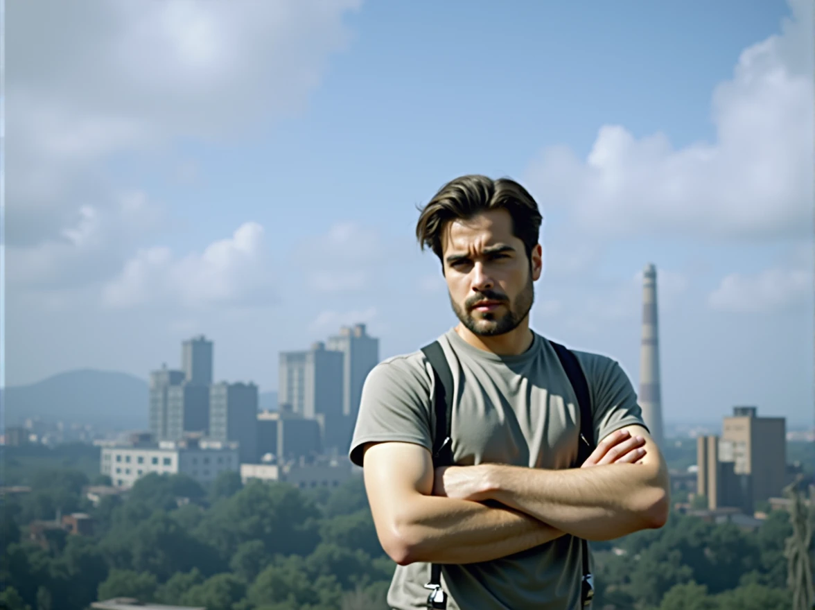 A man standing in a dirty area, white shirt, jeans, beautiful detailed eyes, beautiful detailed lips, extremely detailed face, long eyelashes, photorealistic, 8k, ultra-detailed, realistic, studio lighting, vivid colors, dramatic lighting, cinematic, concept art, moody atmosphere, gritty, grungy, urban environment, industrial setting