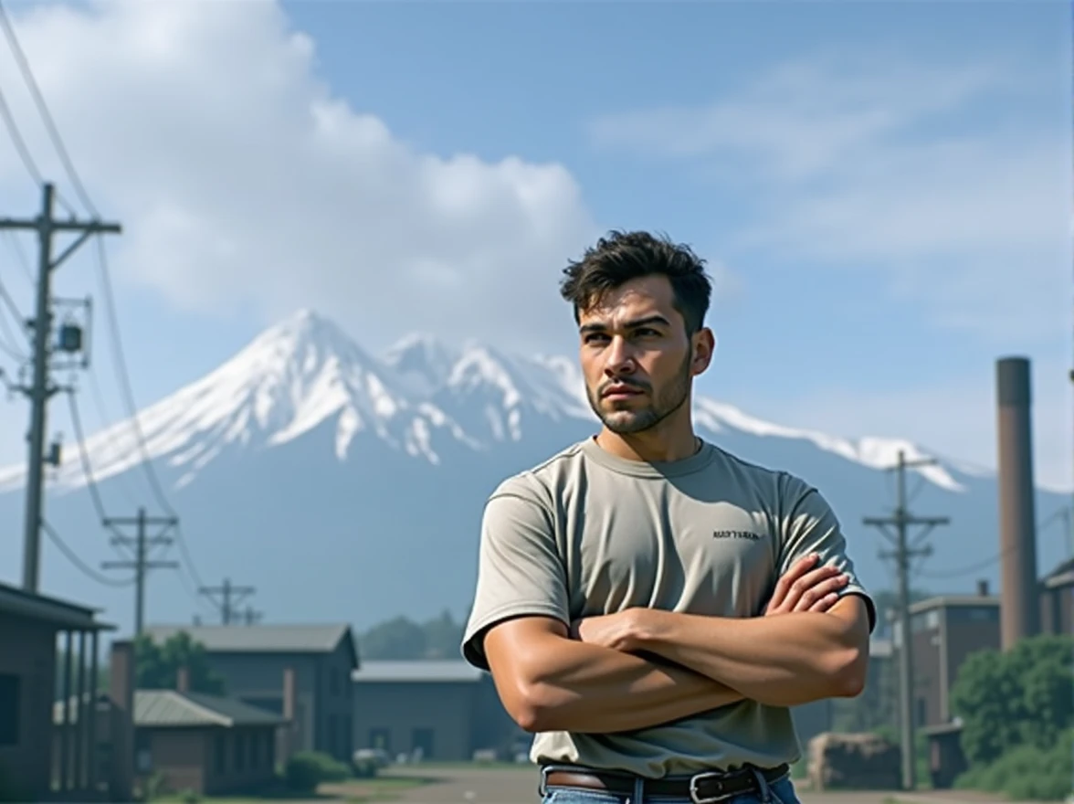 A man standing in a dirty area, white shirt, jeans, beautiful detailed eyes, beautiful detailed lips, extremely detailed face, long eyelashes, photorealistic, 8k, ultra-detailed, realistic, studio lighting, vivid colors, dramatic lighting, cinematic, concept art, moody atmosphere, gritty, grungy, urban environment, industrial setting