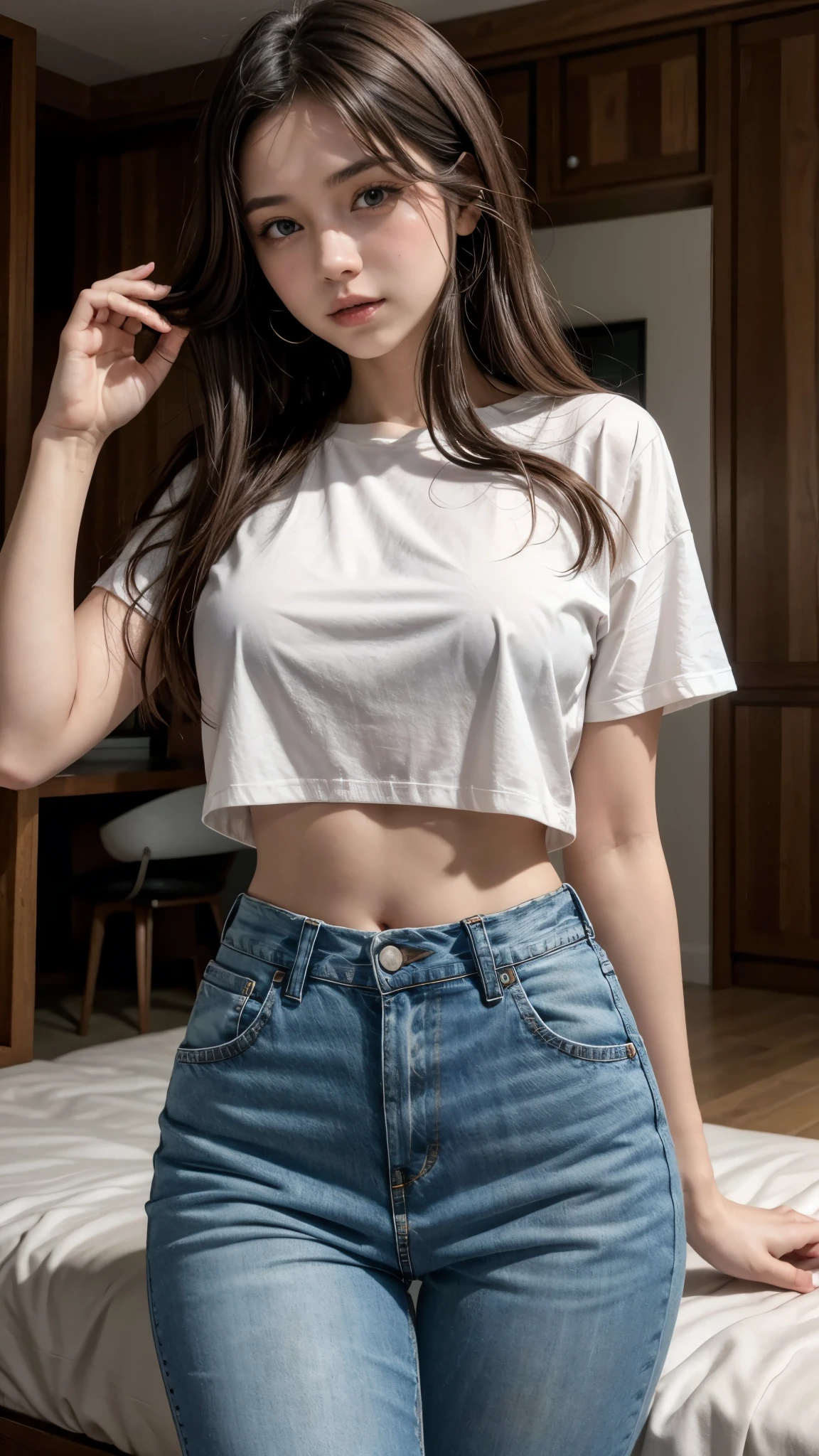 Beautiful 18 year old brunette girl wearing a shirt and high waisted jeans with a belt showing her T-shaped belly button