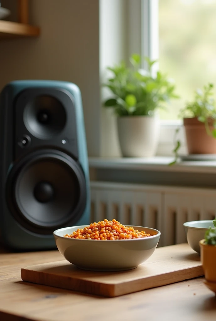 speaker near the tupperware that has lentils that move due to sound