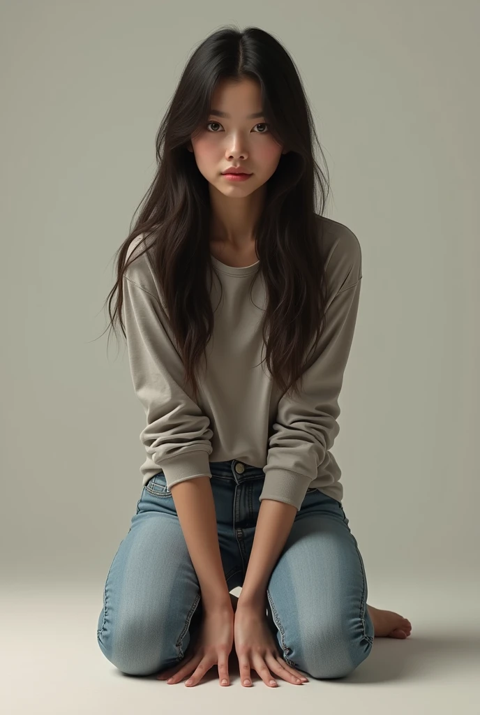 Woman in jeans and long sleeve t-shirt kneeling on the floor touching the floor front view