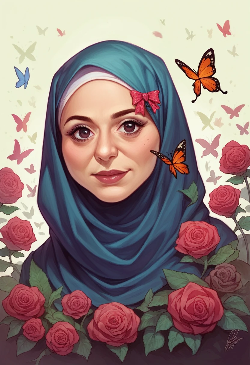 Charlie Bowater realistic Lithography sketch portrait of a hijab woman, flowers, [gears], rose, butterfly, multi-colored ribbons, old paper texture, highly detailed