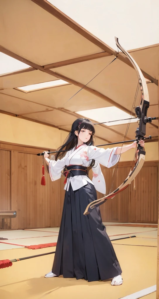 ((profile, standing Kyudo style)), (left hand holding a japanese long bow:1.2), (Push forward left hand holding on japanese long bow), (solo:2, 15 yo) (detailed beautifu blunt bangs:1.3) (beautiful ???? black hair very long hair) (beautiful shrine maiden girl) (detailed ???? closed eyes) (serious face, glossy lip) (medium ????), break, in a white Kyudo uniform, break, in the japanese Archery range, BREAK, perfect ???????, masterpiece, best quality, 16k, beautiful detailed grow, daydreaming expression.