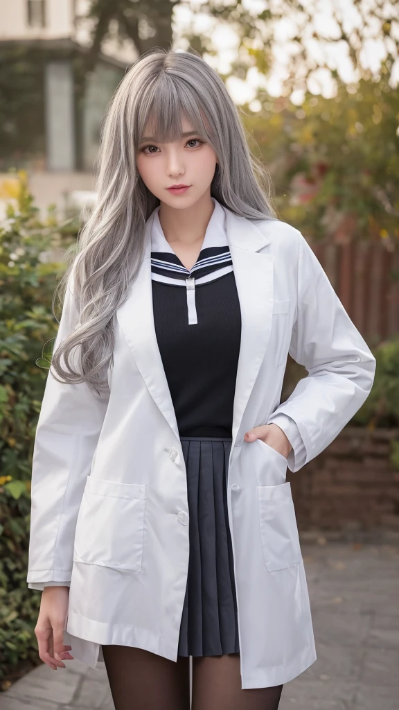 Multi-layered outfit,((half white lab coat outside)),(sailor collar school uniform),shirt, pleated skirt,(black pantyhose),[:(detailed face:1.2):0.2], raw photo, (masterpiece), (best quality), highres, (realistic, photo-realistic:1.2), ultra detailed, physically-based rendering, 1girl, air bangs, long hair, (silvery hair), wavy hair, 