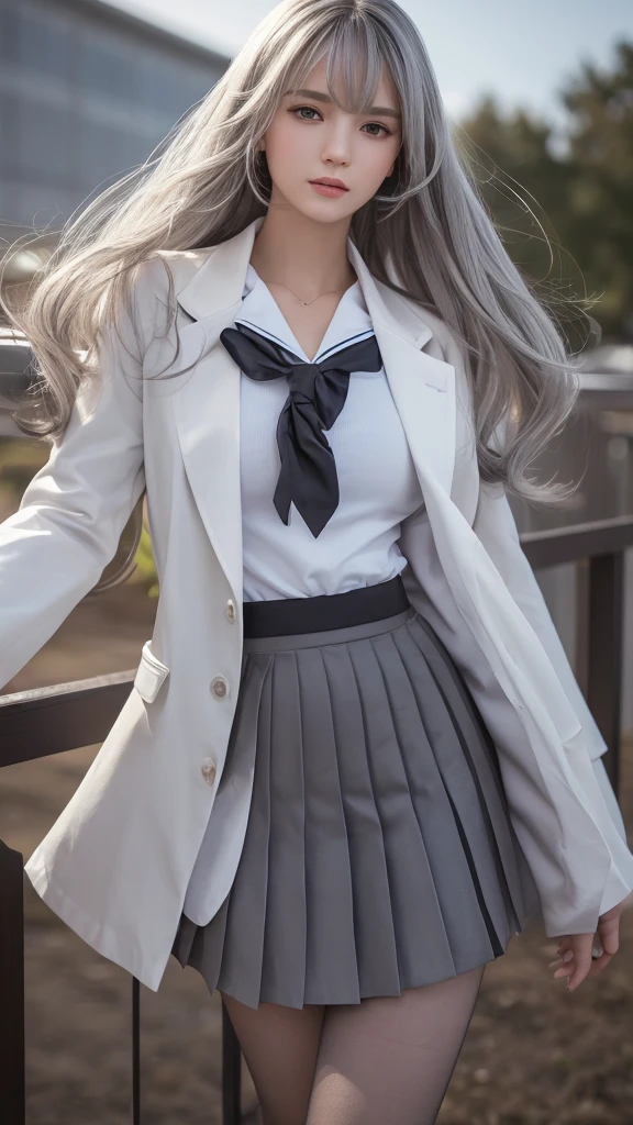 Multi-layered outfit,((half white lab coat outside)),(sailor collar school uniform),shirt, pleated skirt,(black pantyhose),[:(detailed face:1.2):0.2], raw photo, (masterpiece), (best quality), highres, (realistic, photo-realistic:1.2), ultra detailed, physically-based rendering, 1girl, air bangs, long hair, (silvery hair), wavy hair, 