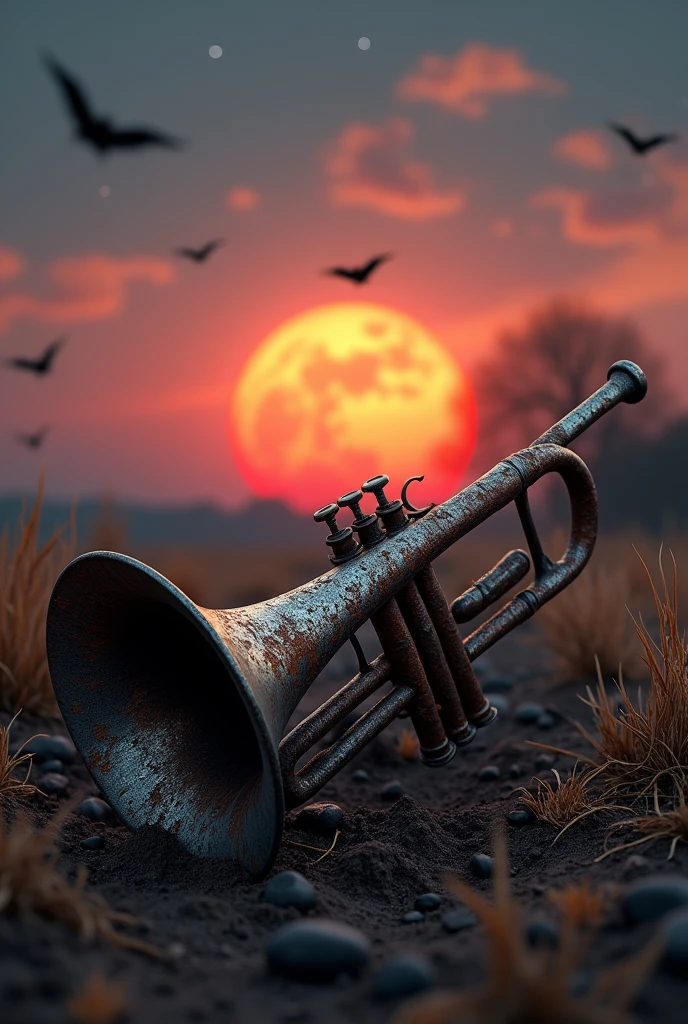 Rusty trumpet embedded in the ground and sunset with stars and bats in the distance, full moon