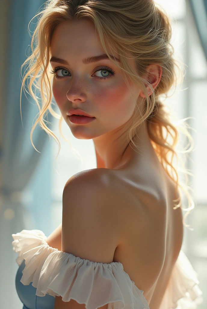 Cinderella, (masterpiece), Best Quality, (transparent), expressive eyes, Perfect face with naked body showing her pussy.