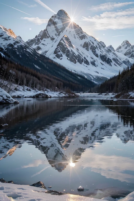 Furkaglacier, glistening ice formations reflecting the early morning sun, surrounded by snow-capped peaks, the atmosphere is serene and tranquil, with a gentle mist rising from the glacier, Photography, captured with a Canon EOS R5 and a 24-70mm f/2.8 lens, --ar 16:9 --v 5